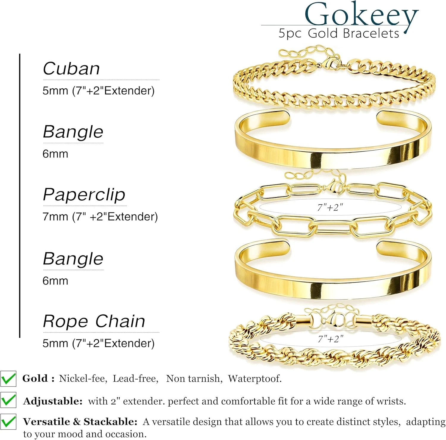 Gold Bracelets Set for Women Non Tarnish, Waterproof 14K Gold Plated