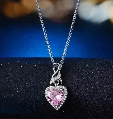2 CT Heart Cut Simulated Pink Sapphire Pendant Necklace 14k White Gold Plated