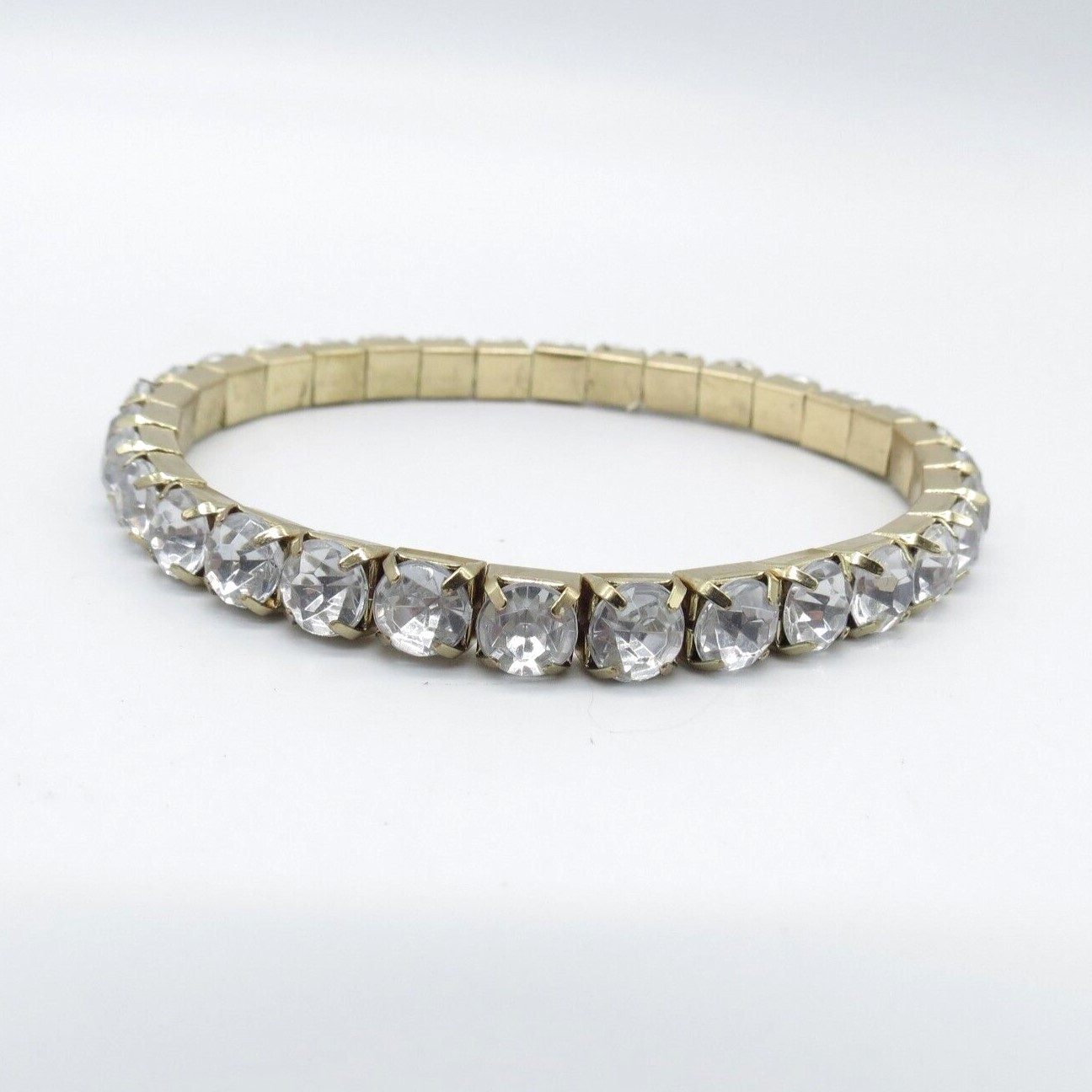Rhinestone Stretch Bracelet Gold Tone Simple Everyday Wear 7.5″ *