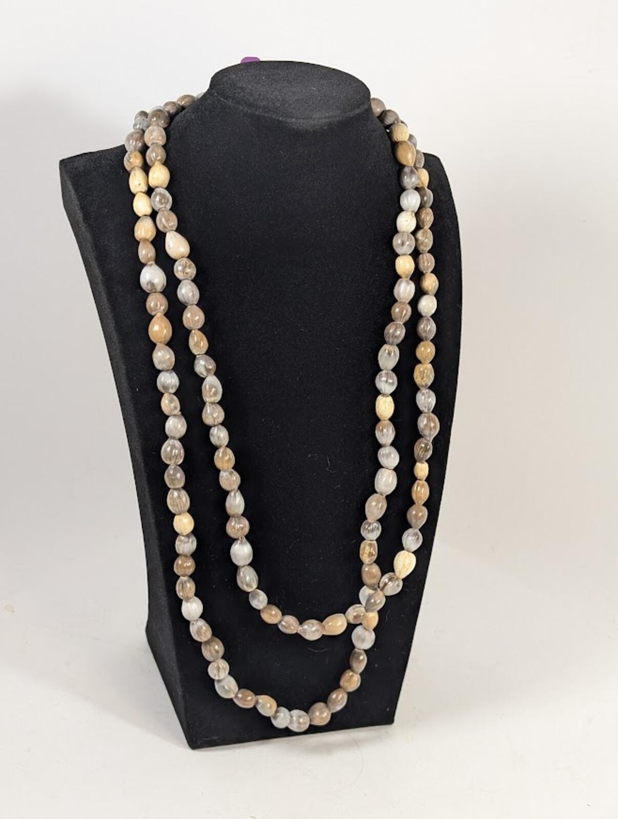Long (50″) Natural Seed Nut Bead Necklace 50 In Boho Neutral Gray Tan Cream 50