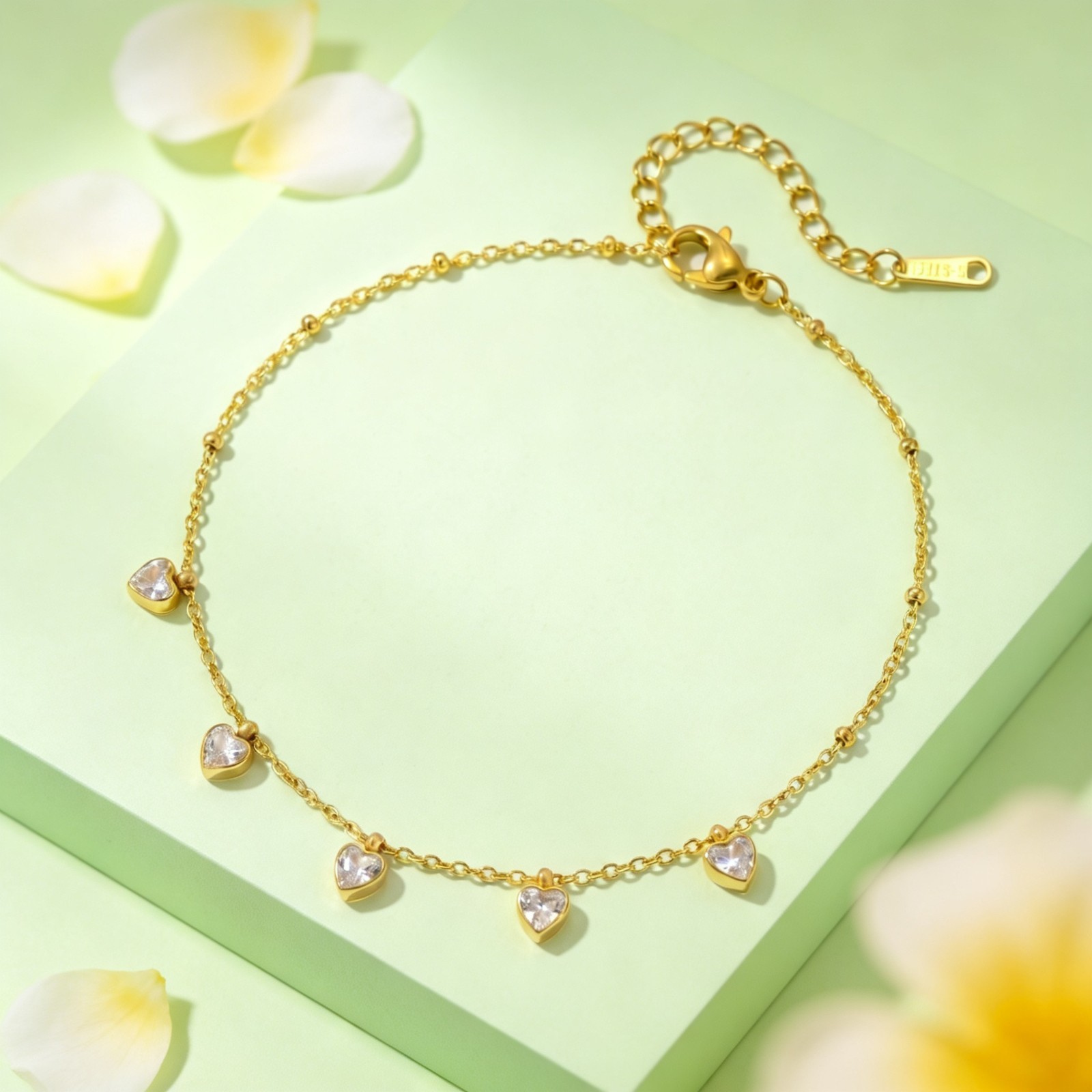 Stainless Steel Heart Bracelet & Anklet White CZ Waterproof Jewelry Set Women