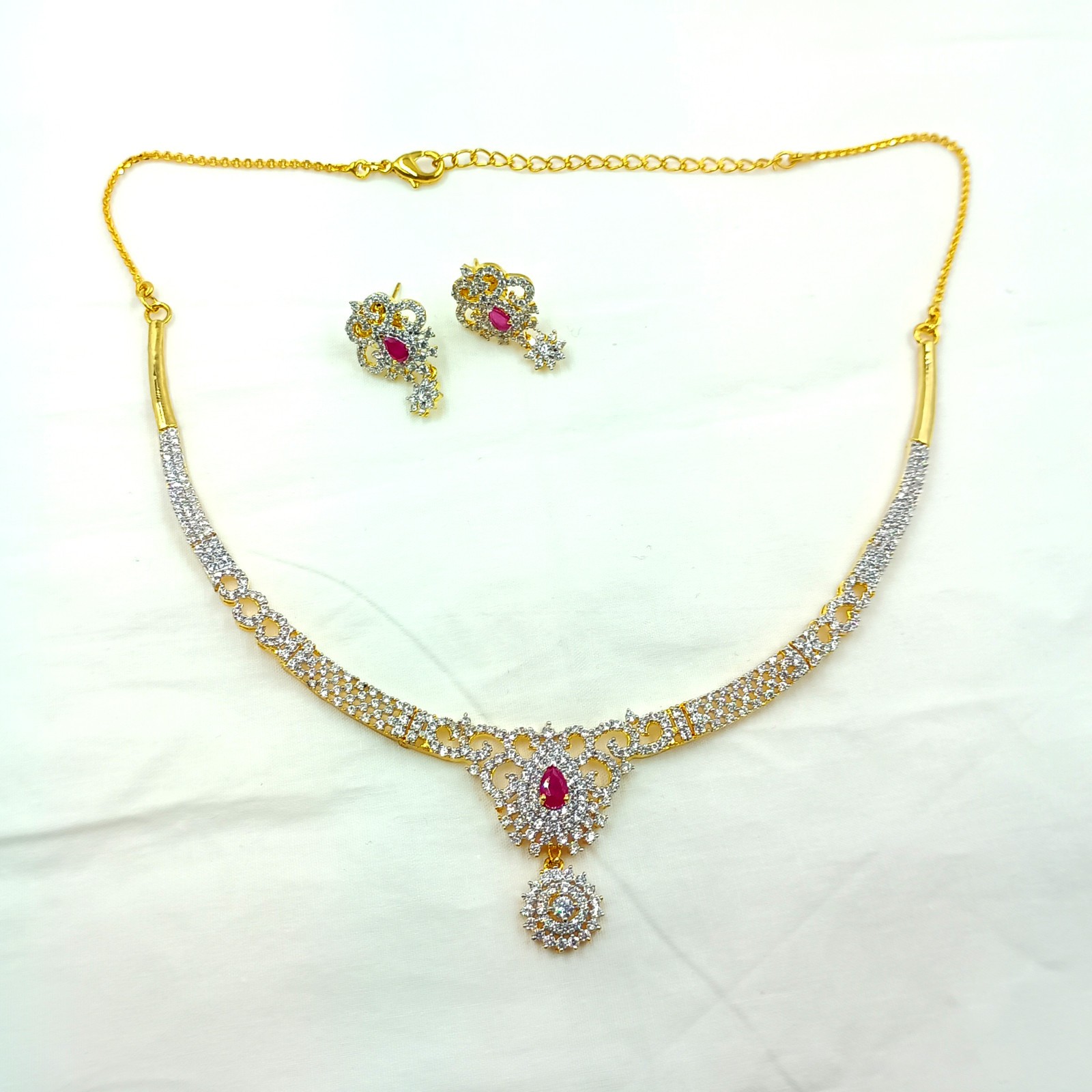 22k Gold Plated Ruby CZ Diamond Choker Necklace Set South Indian Ethnic Set