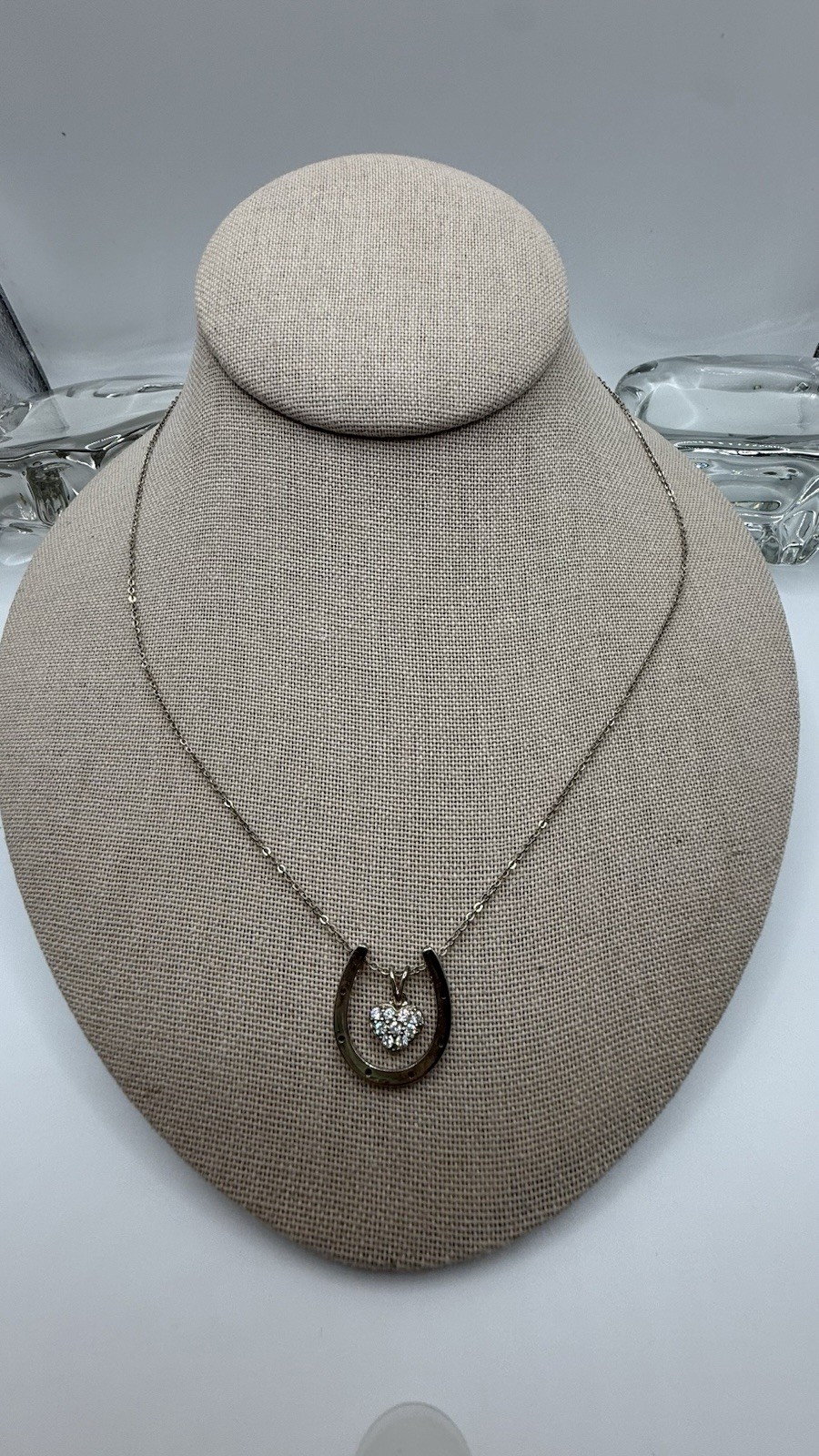 925 Sterling Silver Horseshoe Heart Charm Pendant Necklace Rhinestone Dainty