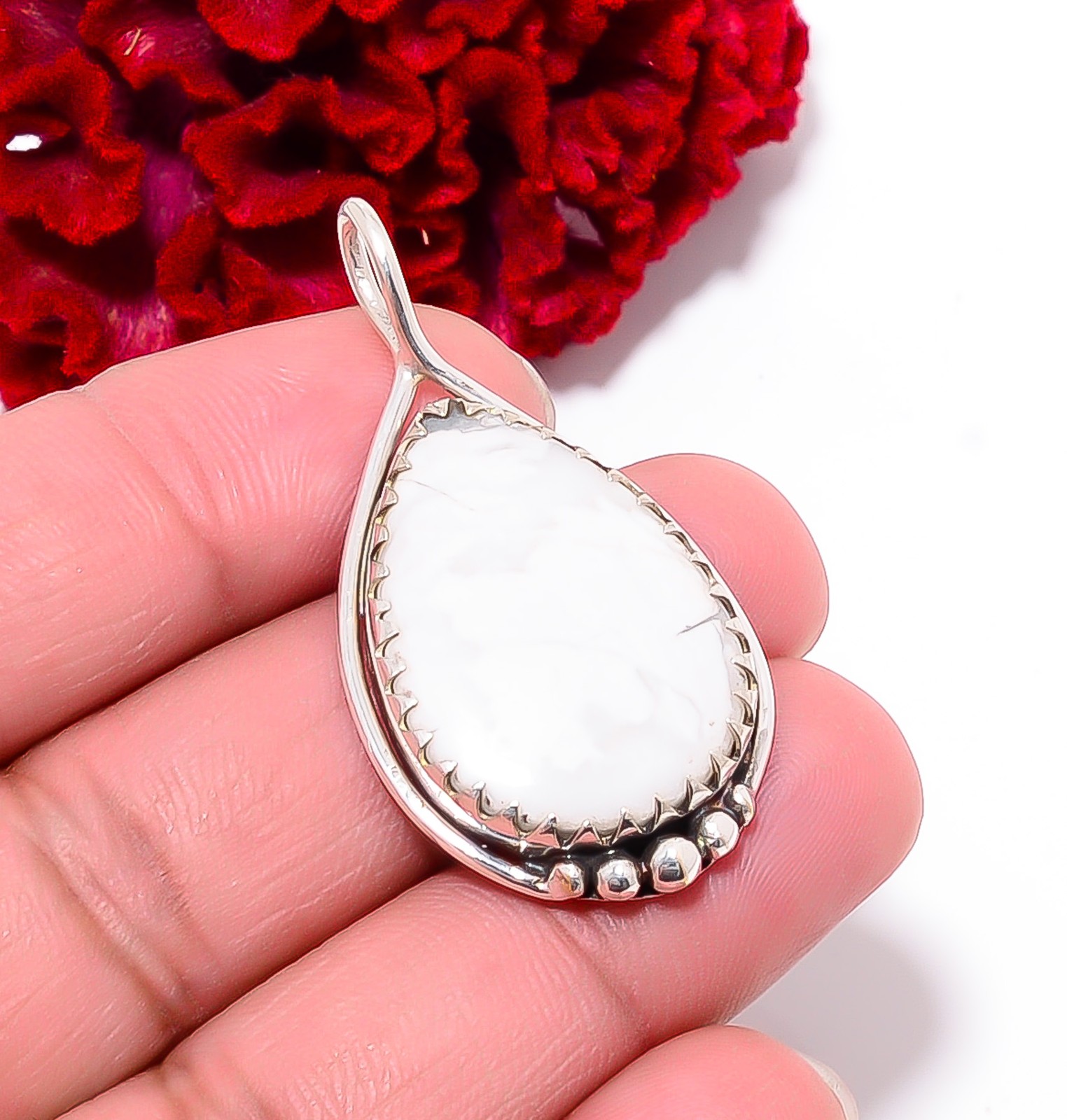Natural White Howlite Gemstone 925 Sterling Silver Pendant 1.76″ P99415