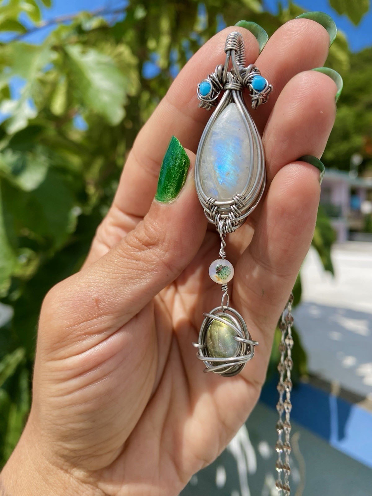 Handmade Wire Wrapped Moonstone & Labradorite Necklace Steel Wire & Chain