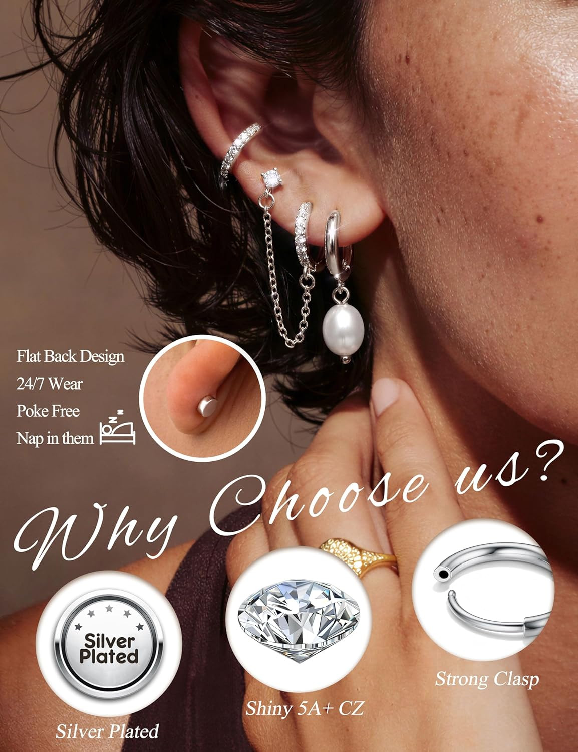 Hypoallergenic Flat Back Earrings Set for Women-Surgical Stainless Steel Earring