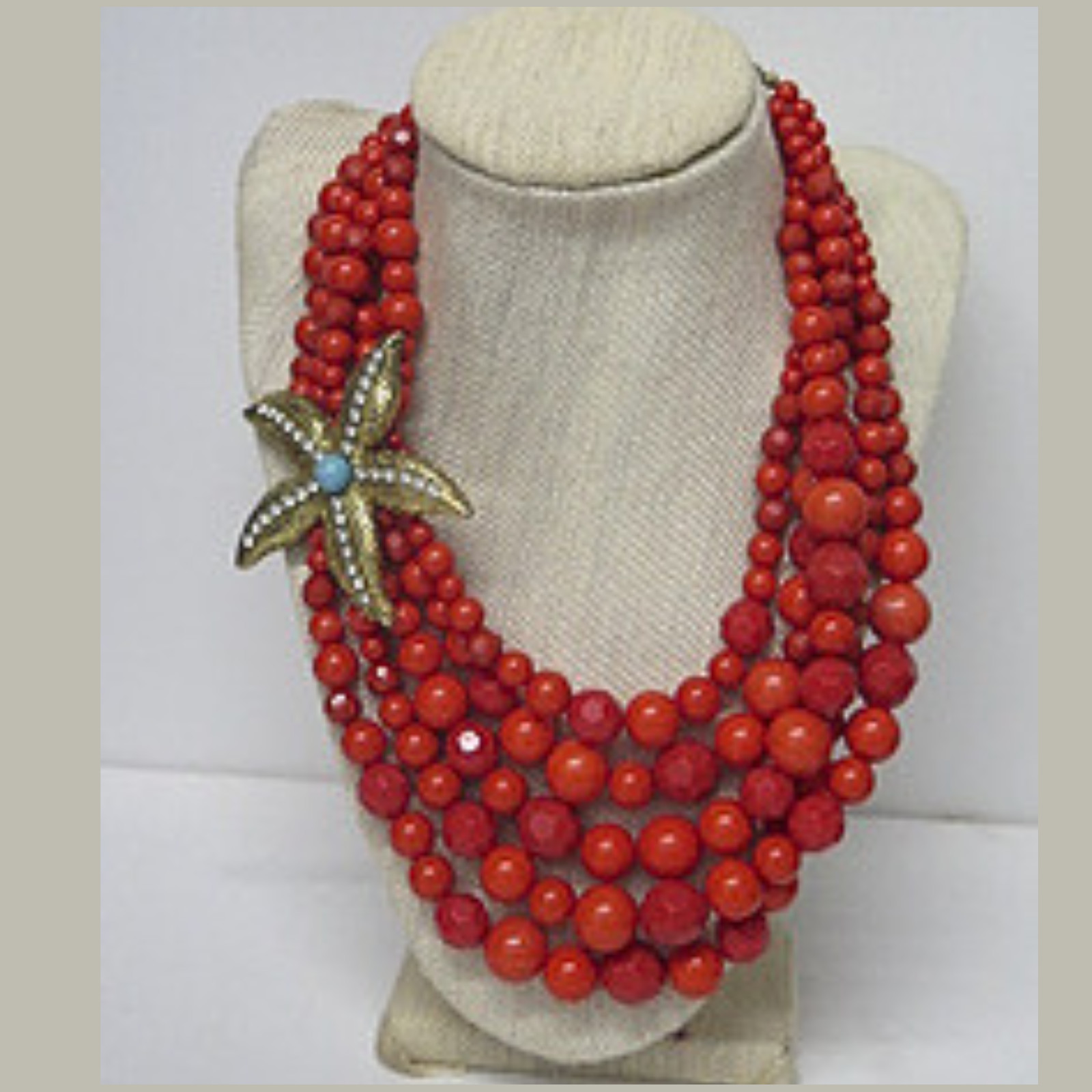 Coral Orange Multi Strand Beaded Necklace Starfish Brooch Statement 16.5″