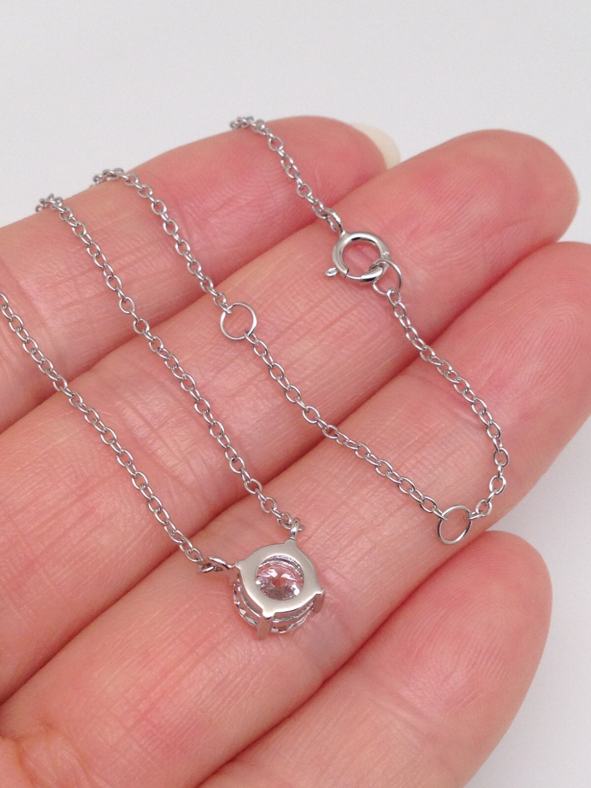 925 Sterling Silver CZ Round Solitaire Pendant Necklace Dainty 5.8mm 17.25″