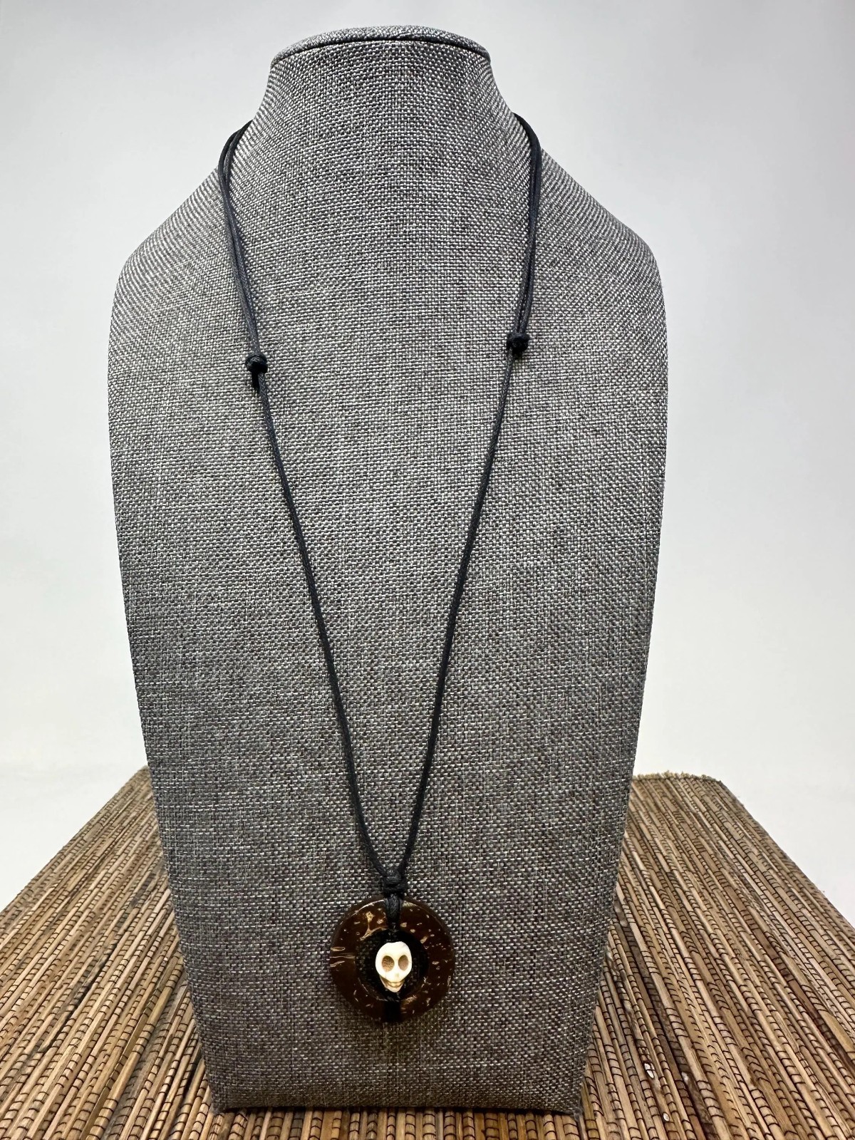 Handcrafted Coconut Shell Skull Necklace Howlite Pendant Adjustable Cord Unisex