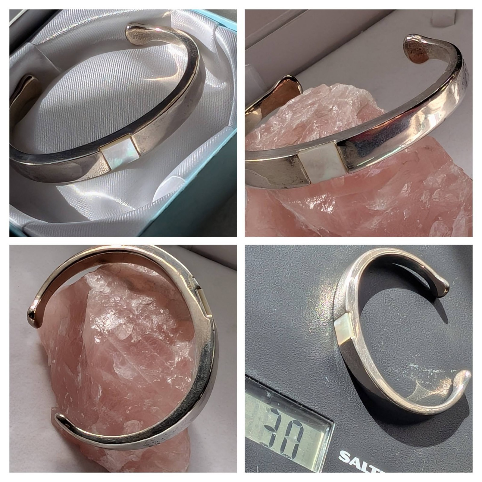 Vintage Silver Tone Solid Open SLIM Cuff Bracelet MOP centre 30g Dia 60x 45mm