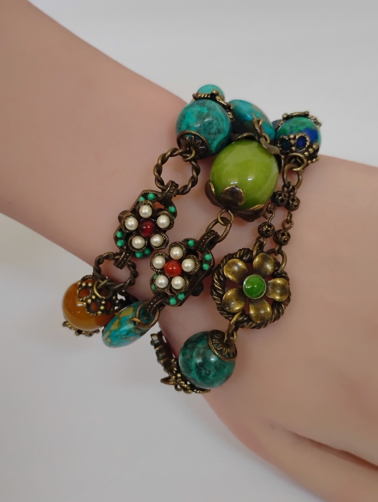 Sweet Romance USA Boho Multi Simulated Stone 3 Strand Floral Bracelet Pristine