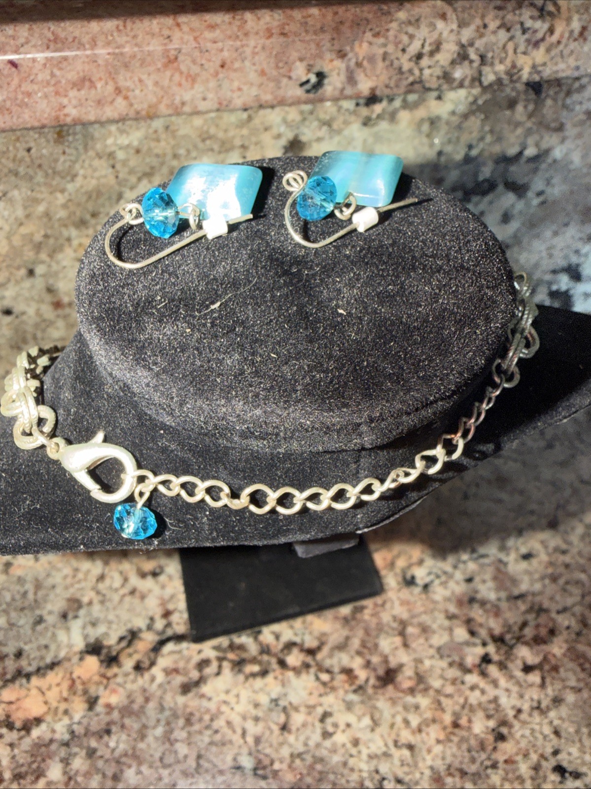 Aqua Blue Facted Glass Bead Gradual Silver Tone Link Necklace Earring Set