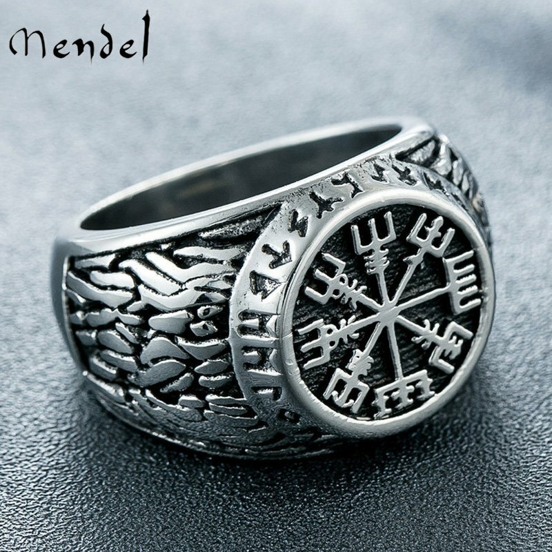 MENDEL Mens Nordic Viking Rune Vegvisir Compass Ring Stainless Steel Size 7-15