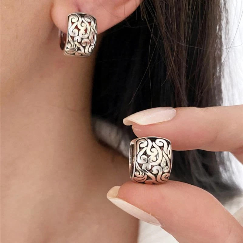 Fashion Women’s Earrings Sterling Silver Retro Filigree Oriental Huggie
