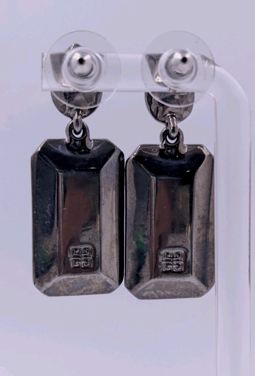 Vintage GIVENCHY Art-Deco Style Gunmetal Blue Crystal Drop/Dangle Stud Earrings
