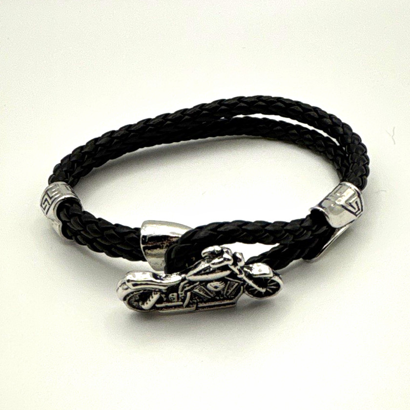 Black Braided Leather Bracelet w/ Silver Tone Motorcycle Dangle Charm, Hook