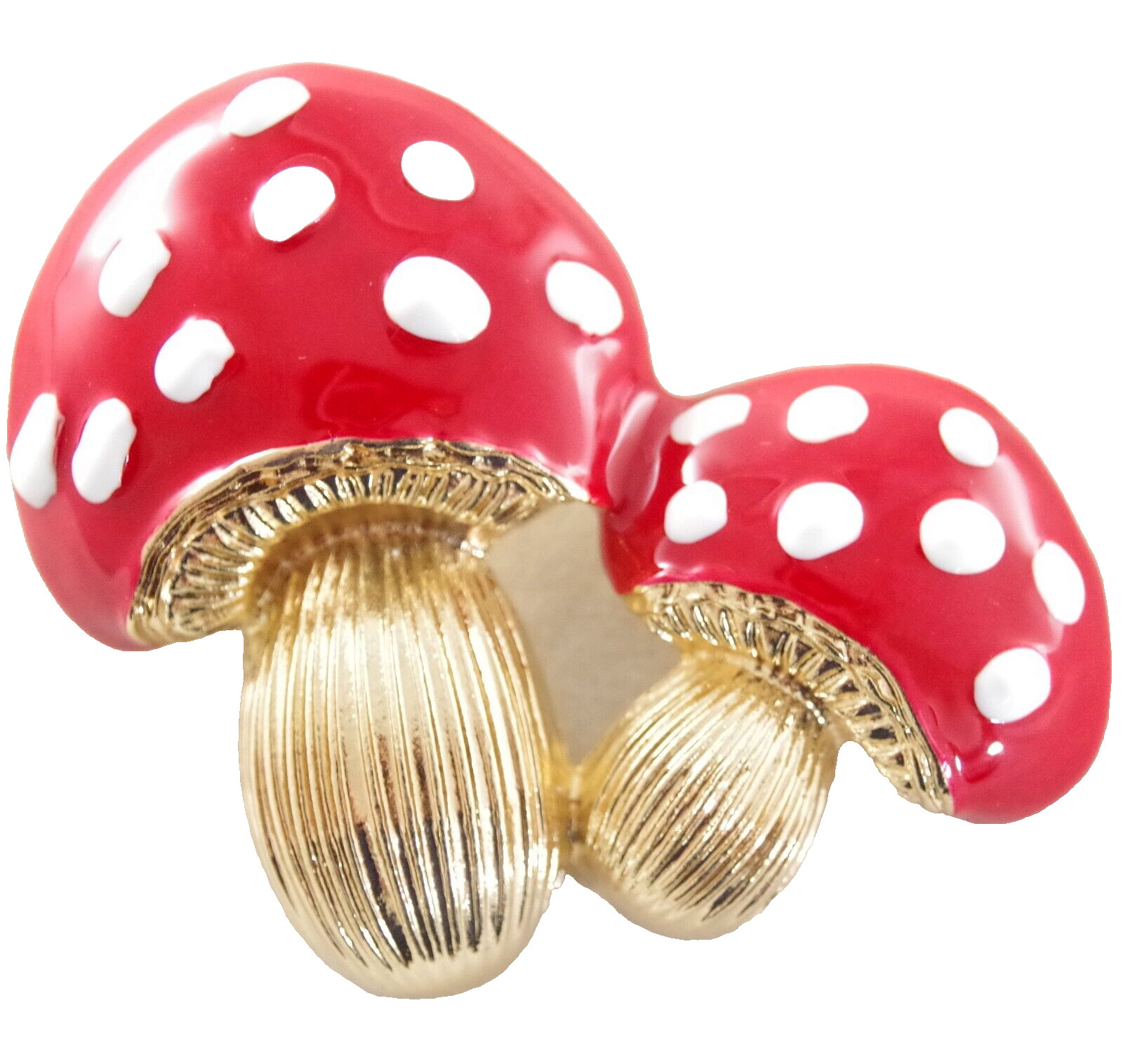 2.75″ BIG DOMED POLKA DOT MUSHROOM/ TOADSTOOL ENAMEL & GOLD PENDANT BROOCH COMBO