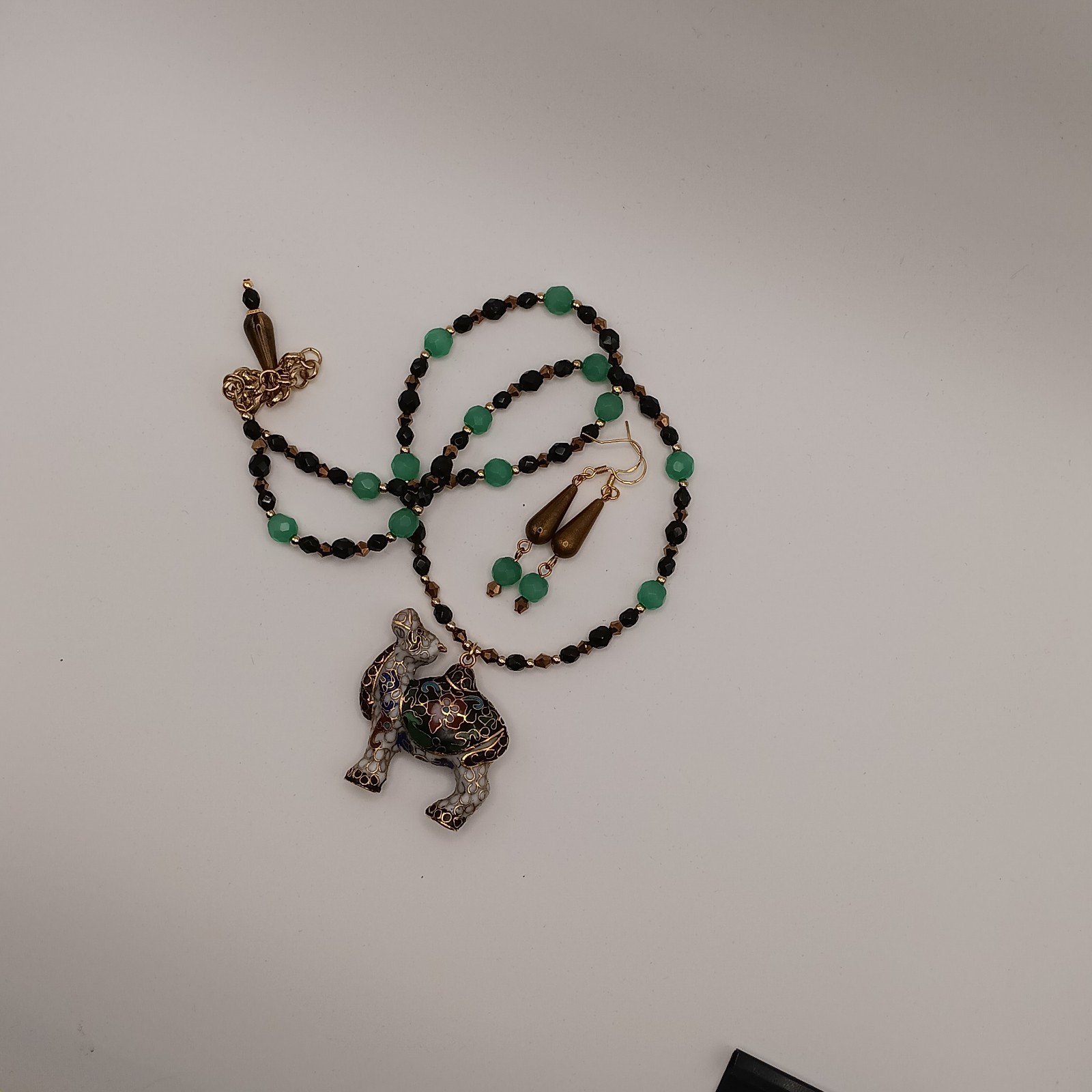 Bronze Gold And Green Camel Earrings And Teardrop Pendant Set Gorgeous