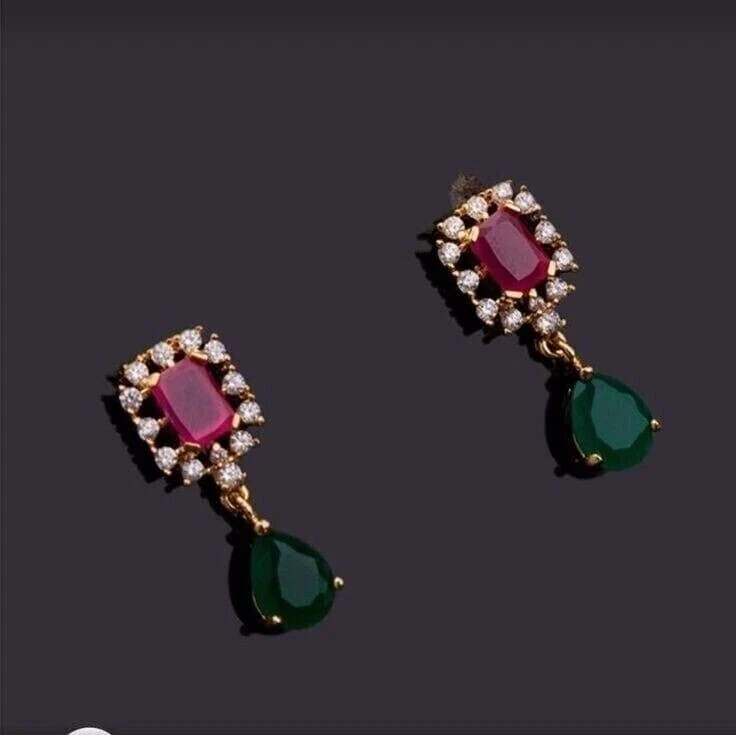 2.30Ct Emerald Pear Simulated Ruby Emerald Drop Earrings 14k Yellow Gold Plated