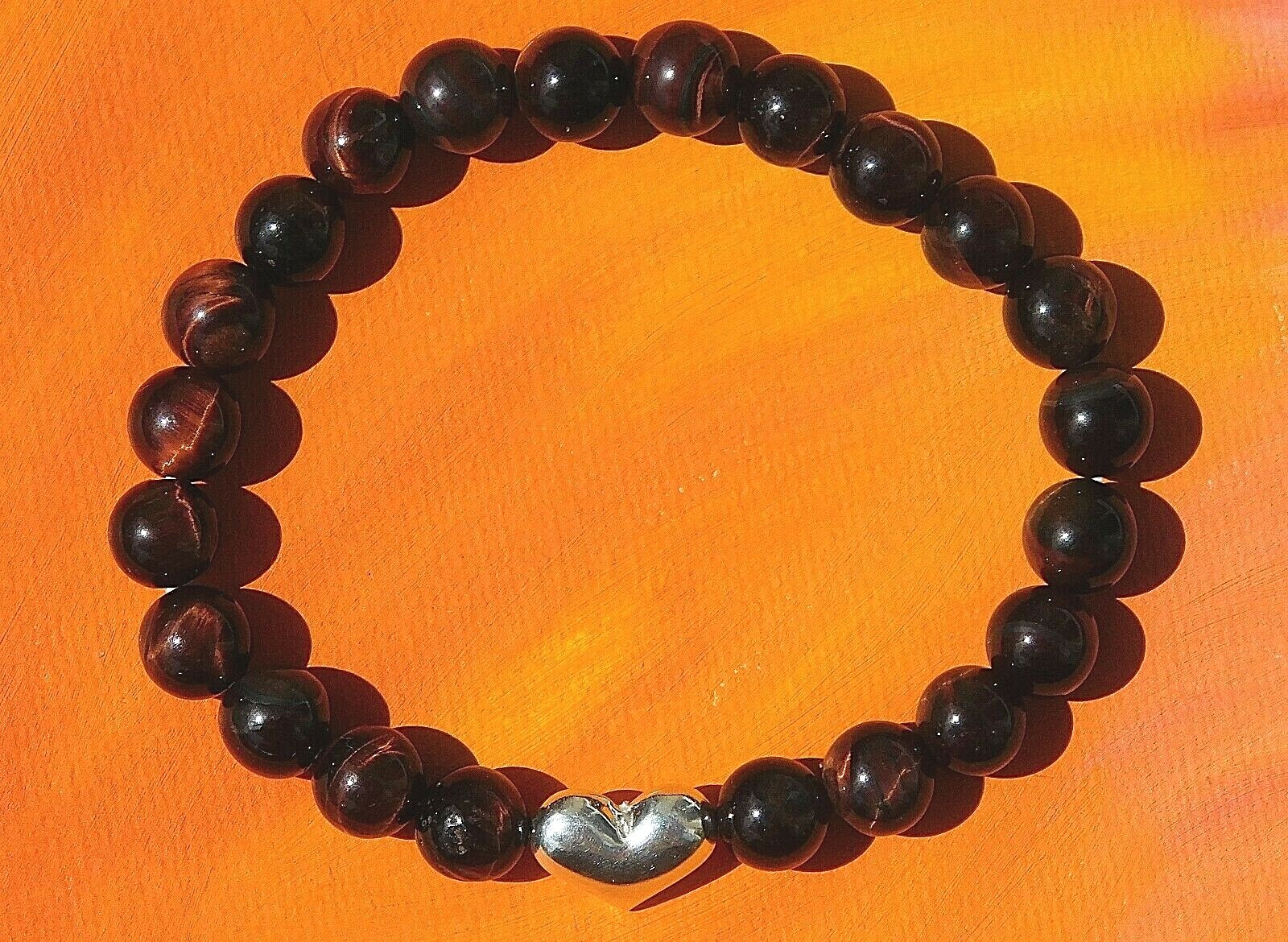 Mens / Ladies Handmade 8mm Gemstone & Silver Heart Bracelet – Red Tiger’s Eye.