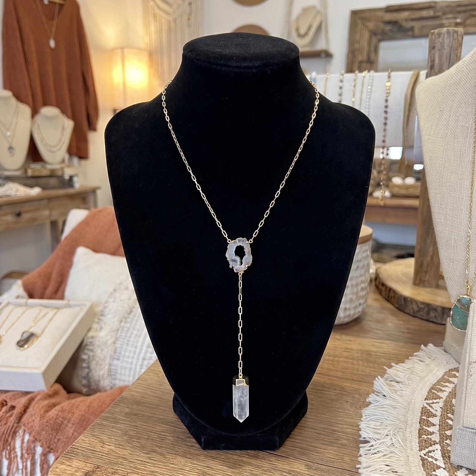 Quartz and Oco Geode Extra Long Lariat Y Drop Necklace (Gold Plated)