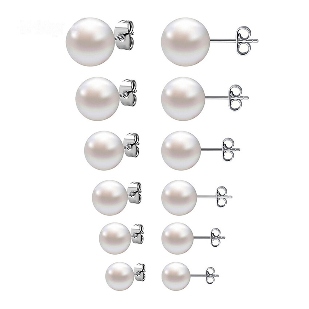 US 6-12 Pairs Faux Pearl Stud Earrings Set Silver Stainless Steel Hypoallergenic