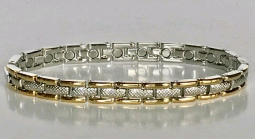 Magnetic Bracelet STAINLESS STEEL Silver n Middle Gold Plated Outside Size 7.5″
