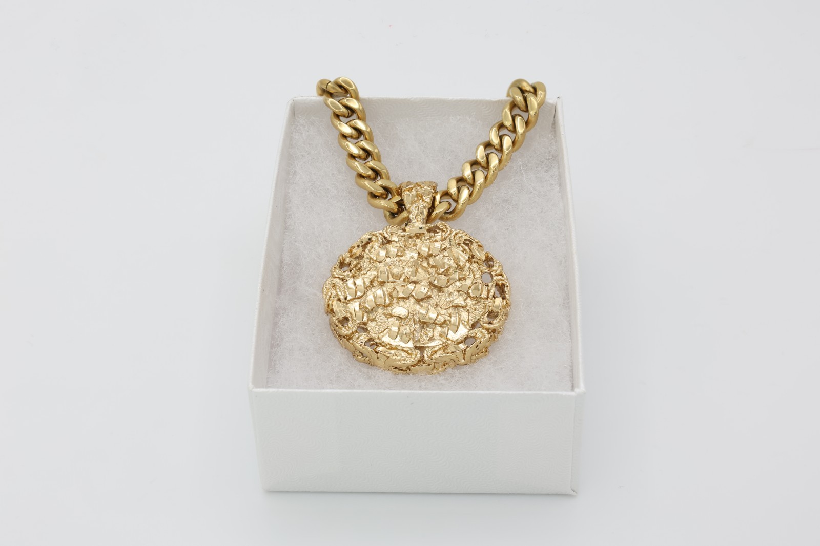Gold Nugget Necklace, Round Nugget Pendant, 7mm Curb Chain, 14k Gold Plated