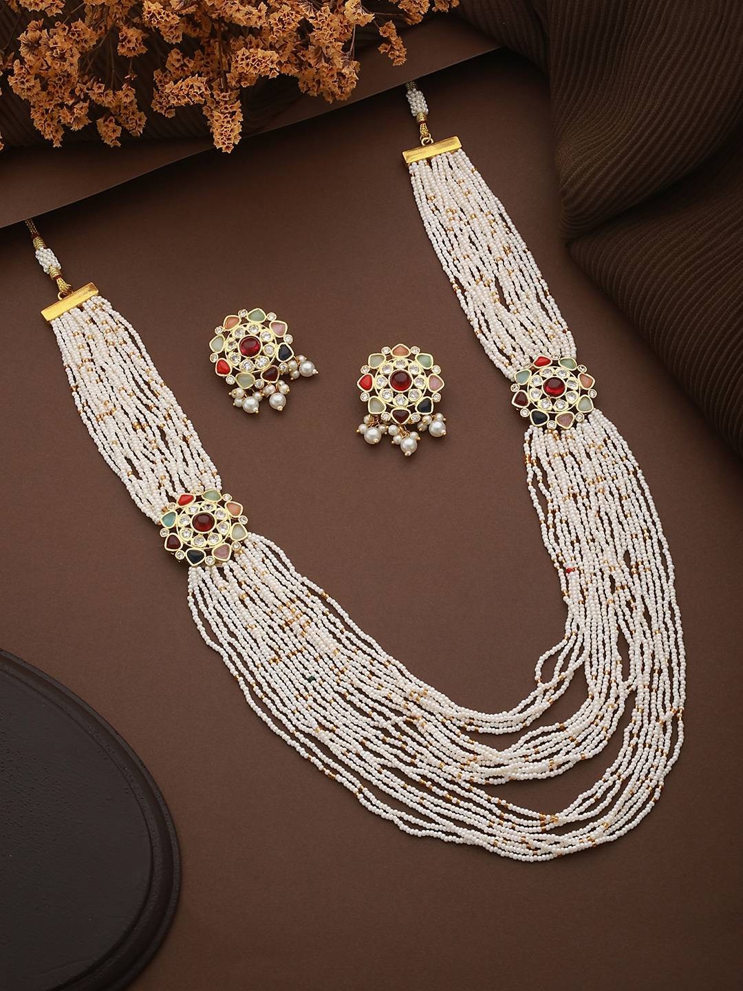 Gold Plated Premium Bridal Wedding Navratan Jadau Sets Long Rani Haar Necklace