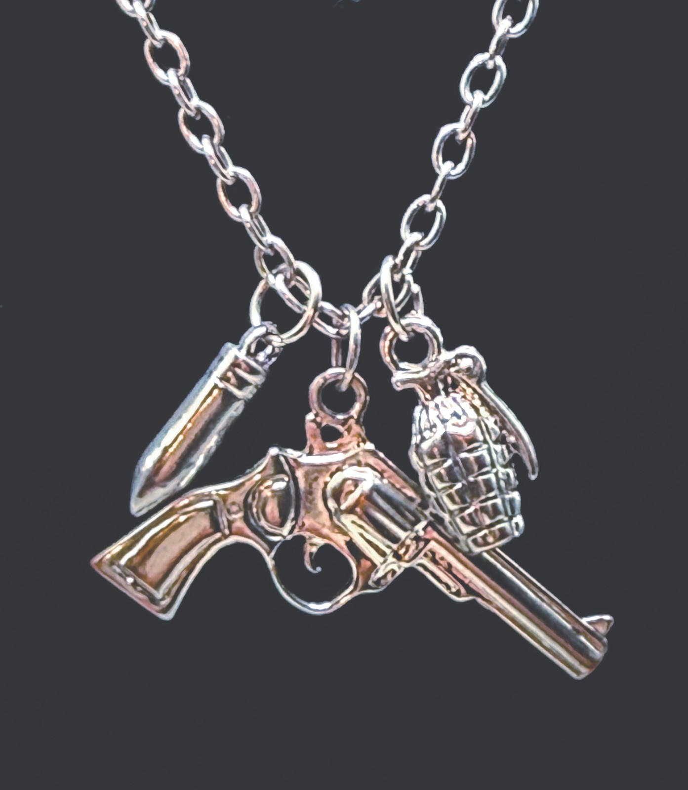 Gun Pistol Bullet Hand Grenade Charm Silvertone Chain Necklace adj length to 21″