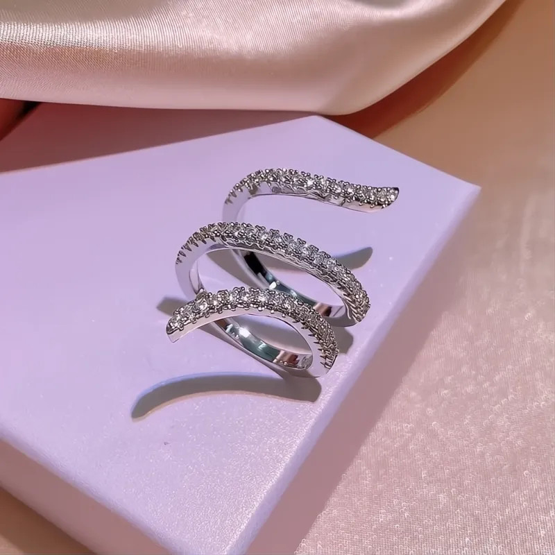 One Size Adjustable Wrapped Finger Ring for Women Silver Color Full Paved