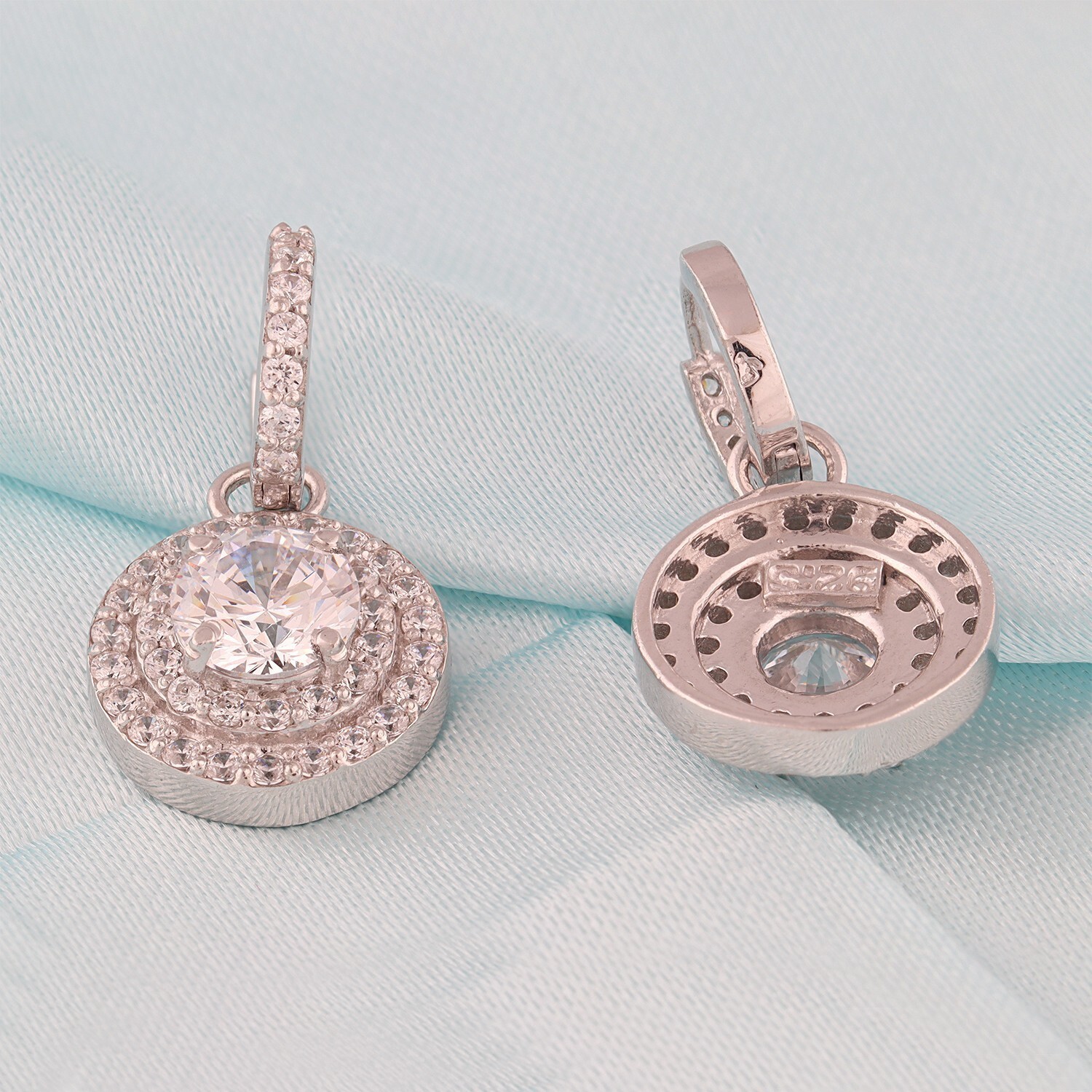 Round Cut Simulated Diamond Drop/Dangle Halo Earrings In 14k White Gold Plated