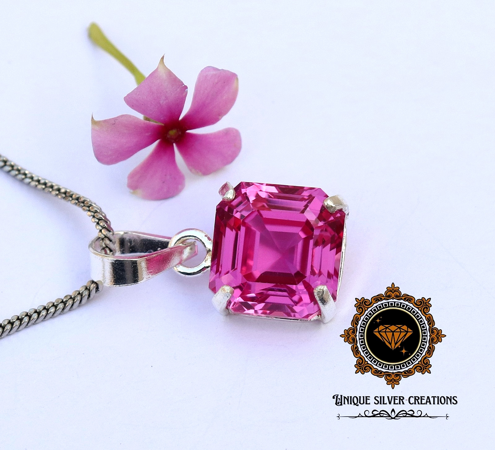 Natural Pink Sapphire Pendant Emerald Cut Gemstone Sterling 925 Silver 17.25 Ct