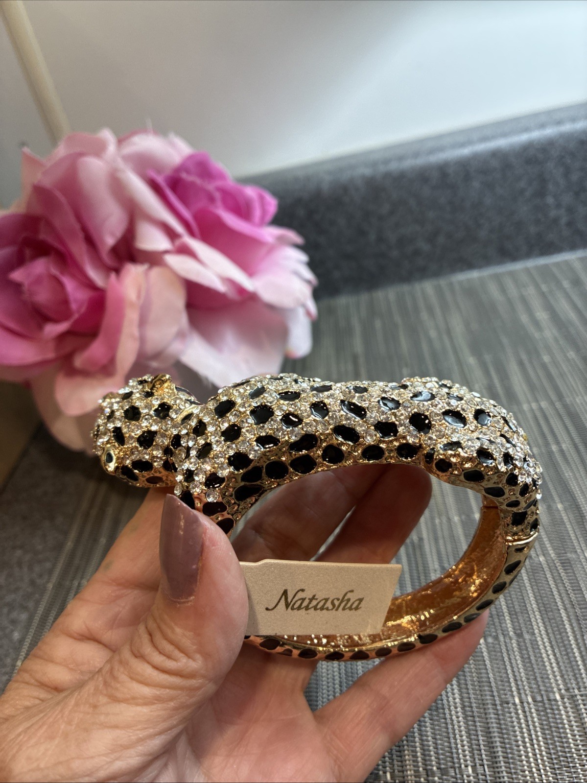 Natasha Gold Leopard Panther Cuff Bracelet Rhinestone, Enamel Green Eyes.