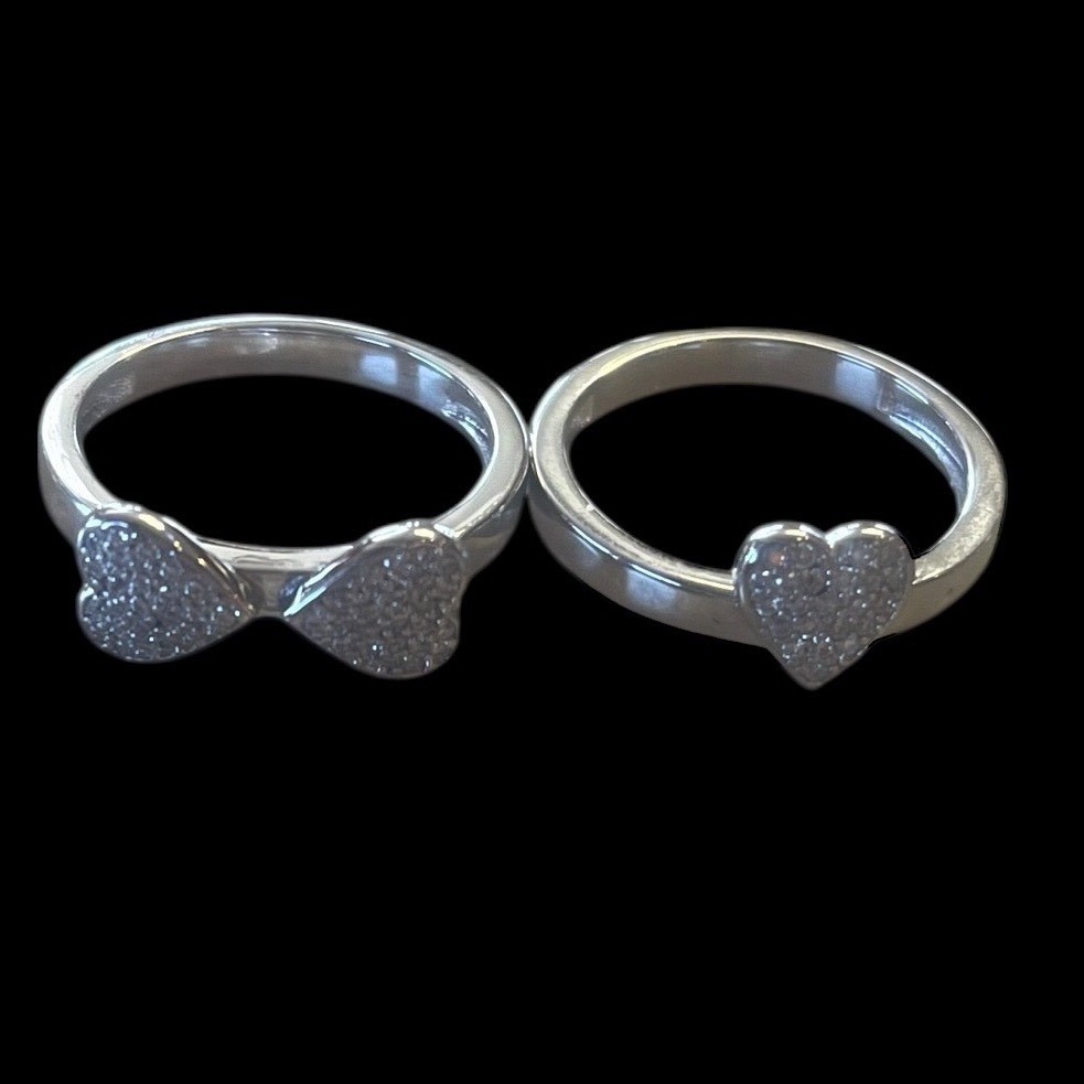 Pave’ Heart Stacking Ring Set 2 Piece Shimmering CZ Cluster Rings Silver Tone 7