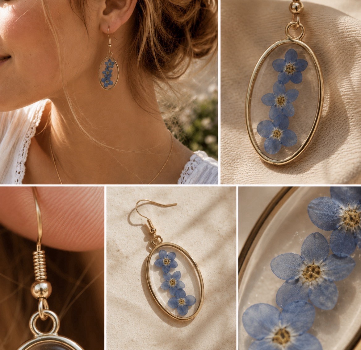 Gold Oval Pressed Flower Earrings, Blue Botanical Resin Dangle Jewelry