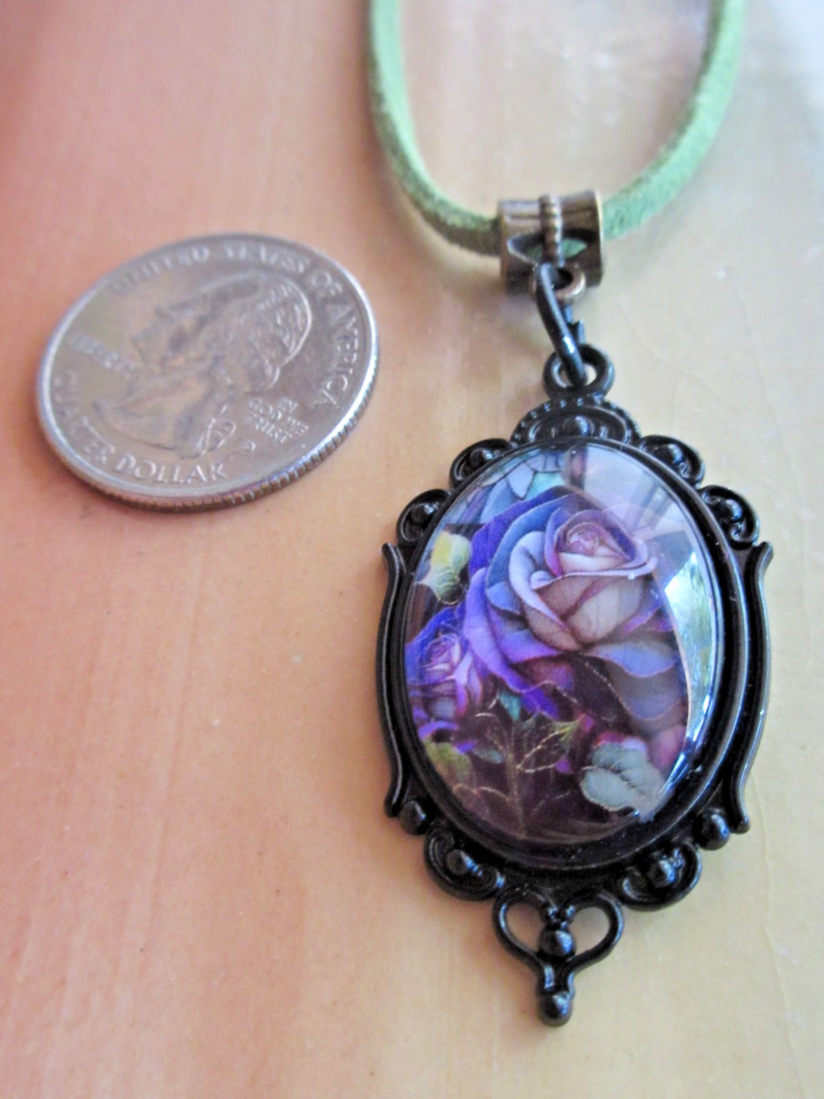 Gothic Rose on Faux Suede Necklace 19 inches