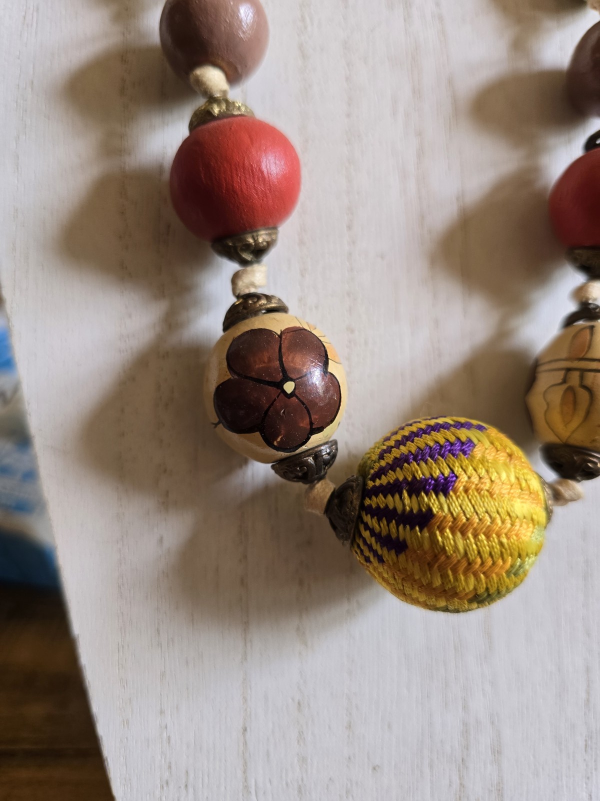Boho NECKLACE Graduated Wooden & Woven Beads Hand Carved Painted Tribal Natural