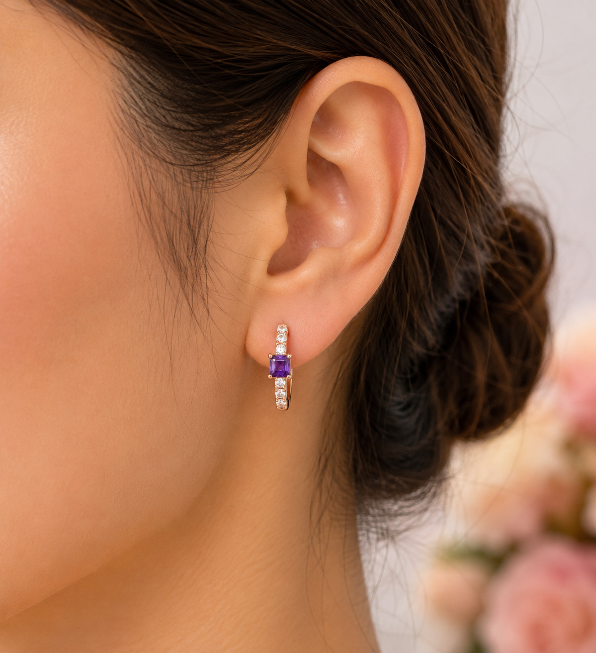 3Ct Princess Simulated Amethyst Engagement Hoop Earrings 14K Yellow Gold Plated