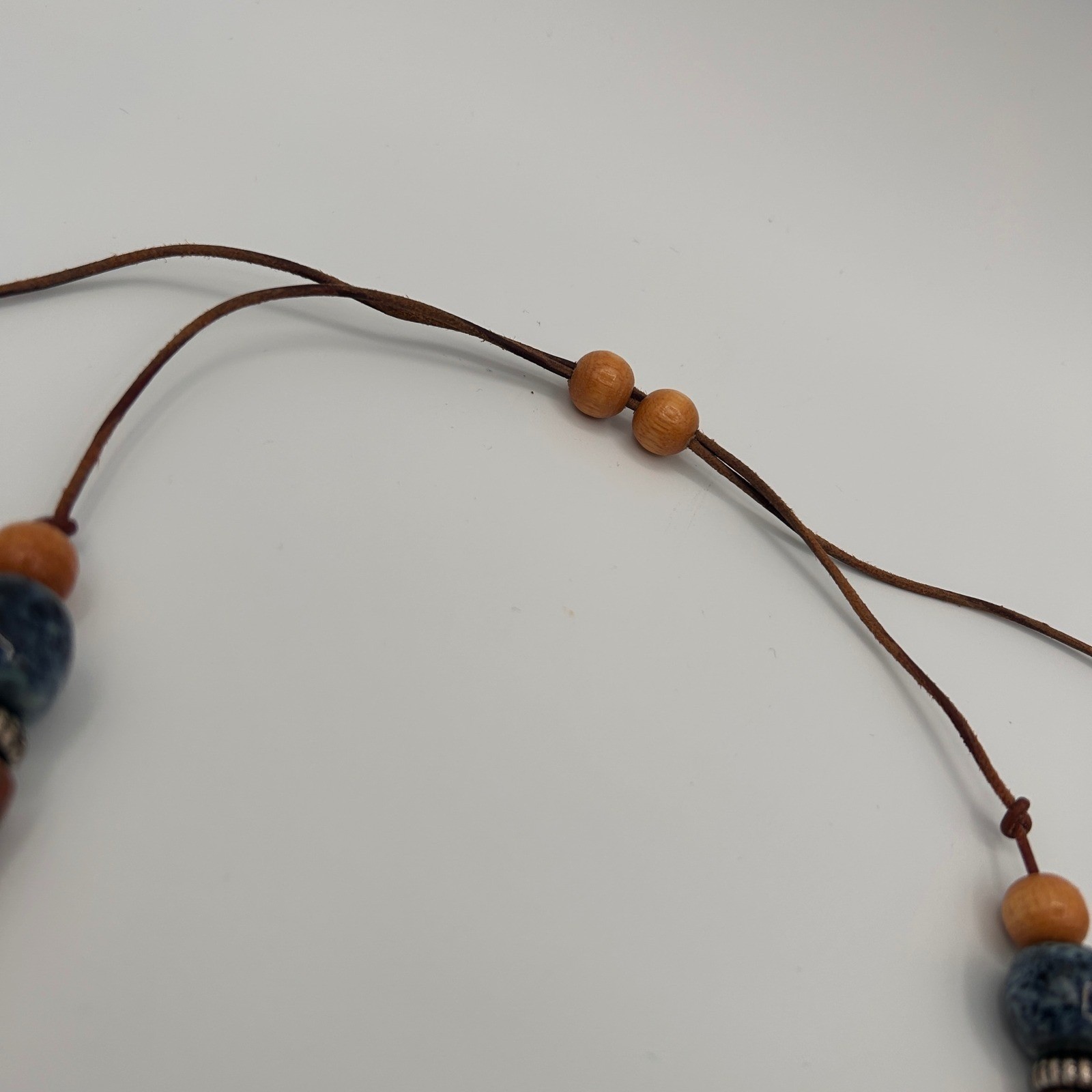 Boho Adjustable Cord Necklace Blue Ceramic Wood Clay Beads Artisan Style
