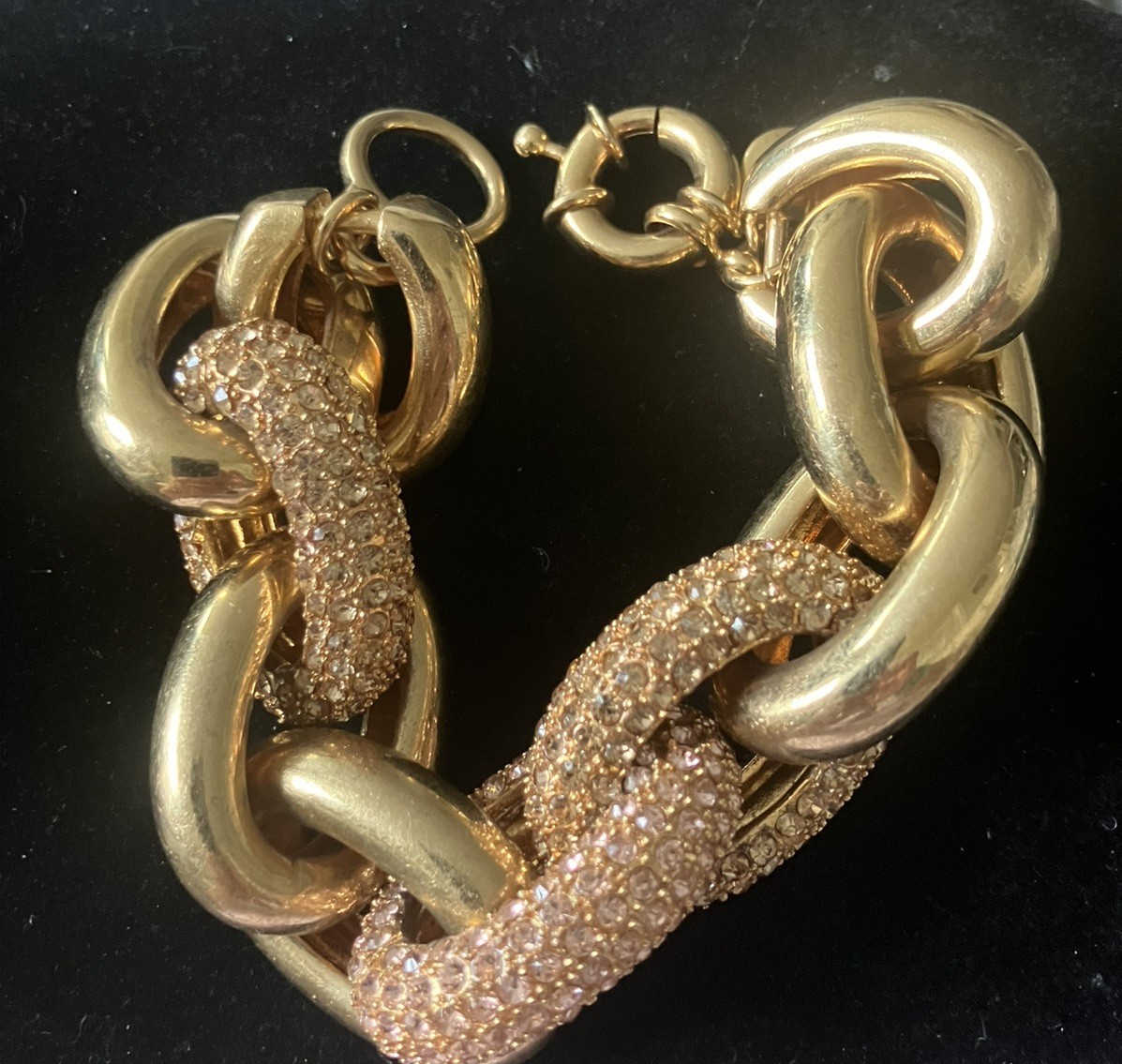 J.Crew Gold Tone Mixed Link Crystal Pavé Statement Bracelet Toggle Clasp 2010