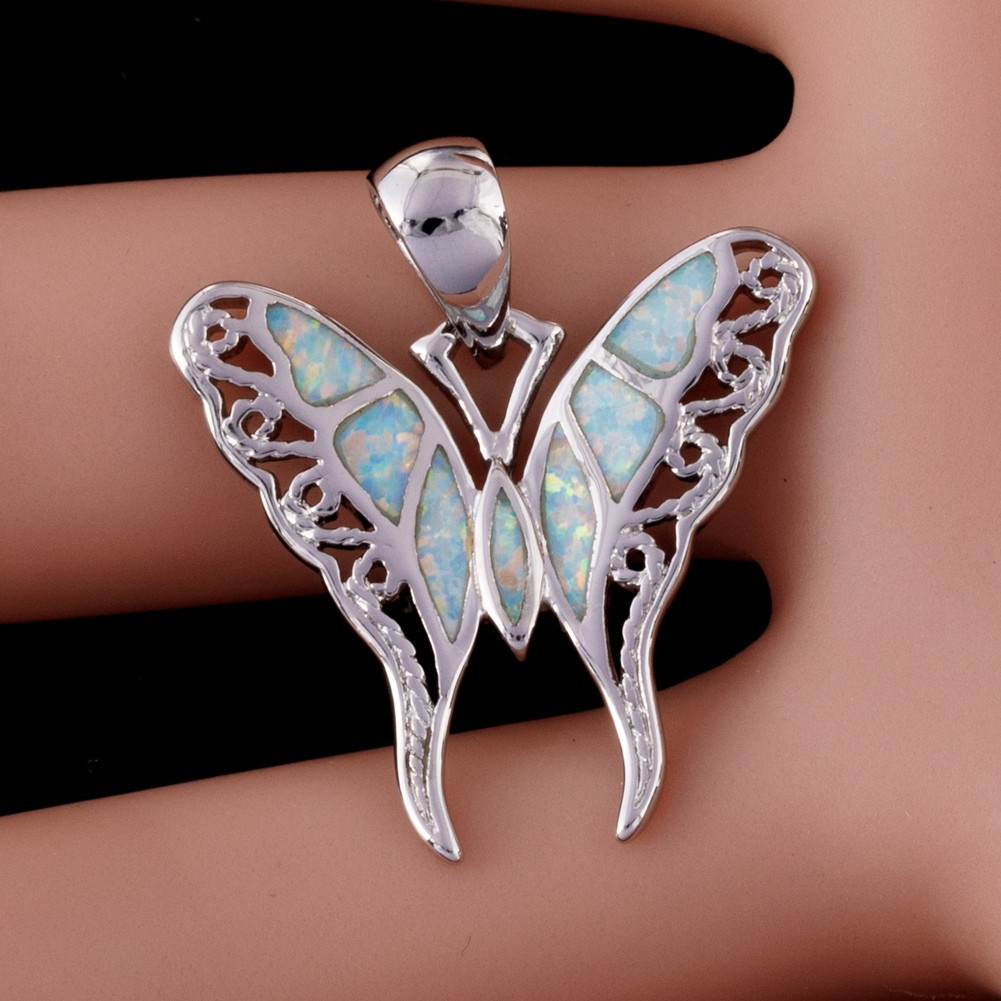 Hollow Butterfly White Fire Opal Silver Jewelry Necklace Pendant
