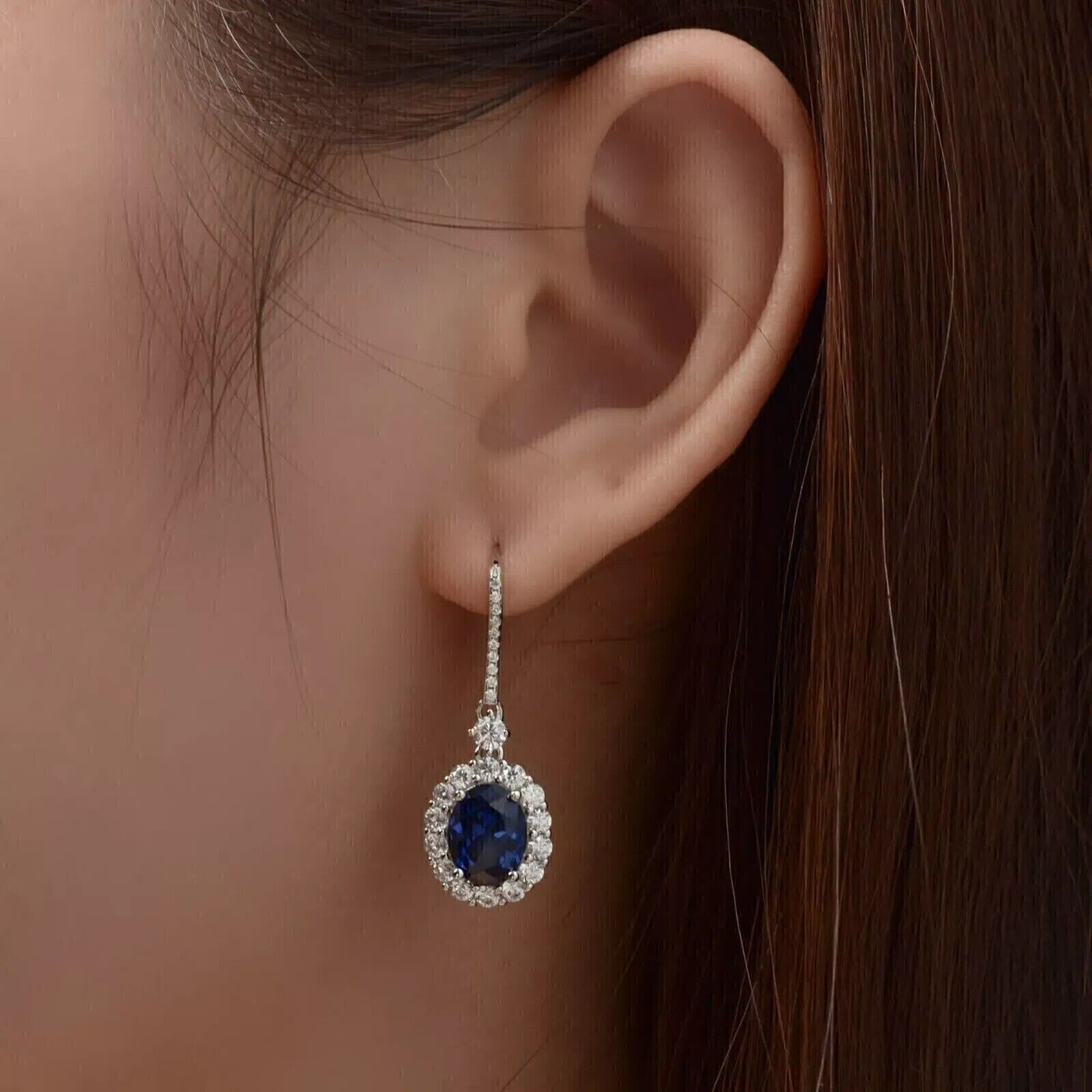 2Ct Oval Cut Simulated Sapphire Drop Dangle Earrings 14k White Gold Plated