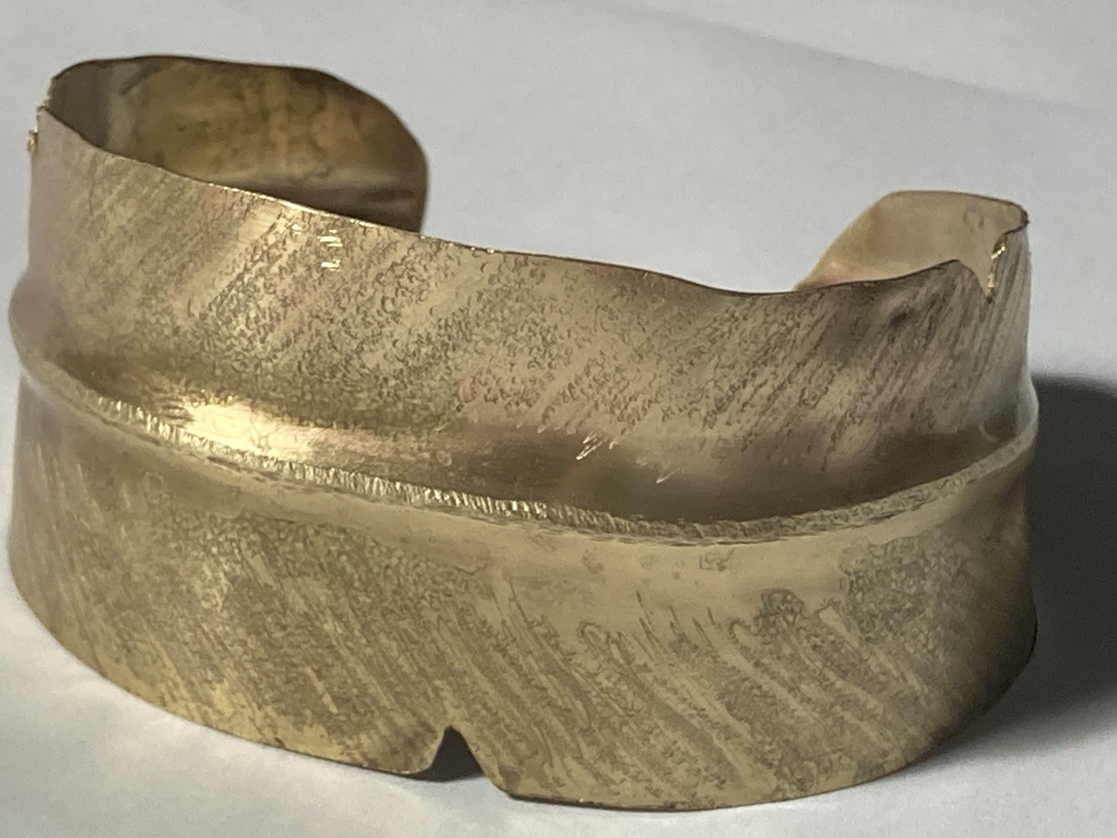 Gold tone brass metal cuff bracelet, open cuff, adjustable, size 7 in