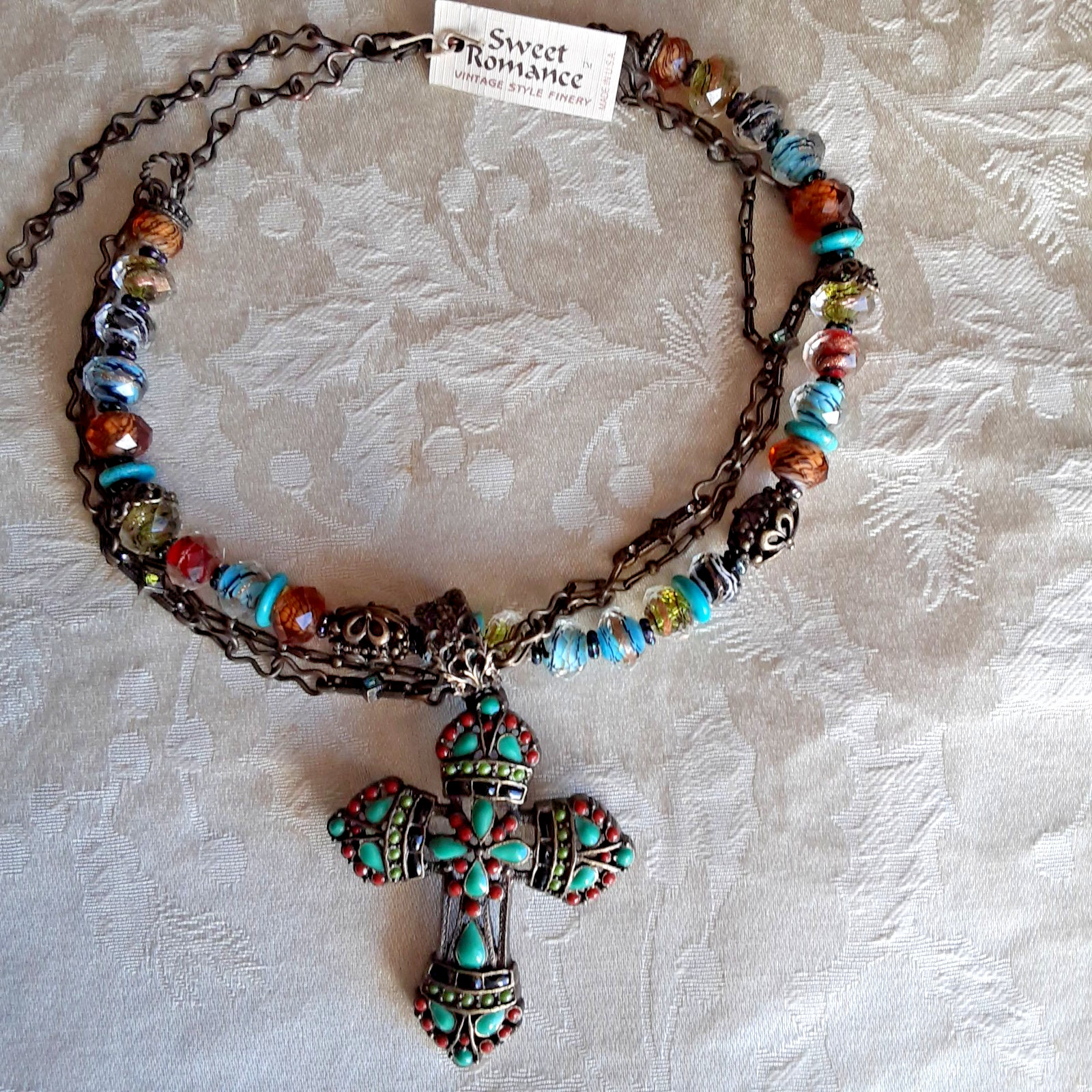 Sweet Romance Mayan Dimensional Cross Necklace Glass Beads & Stones NEW