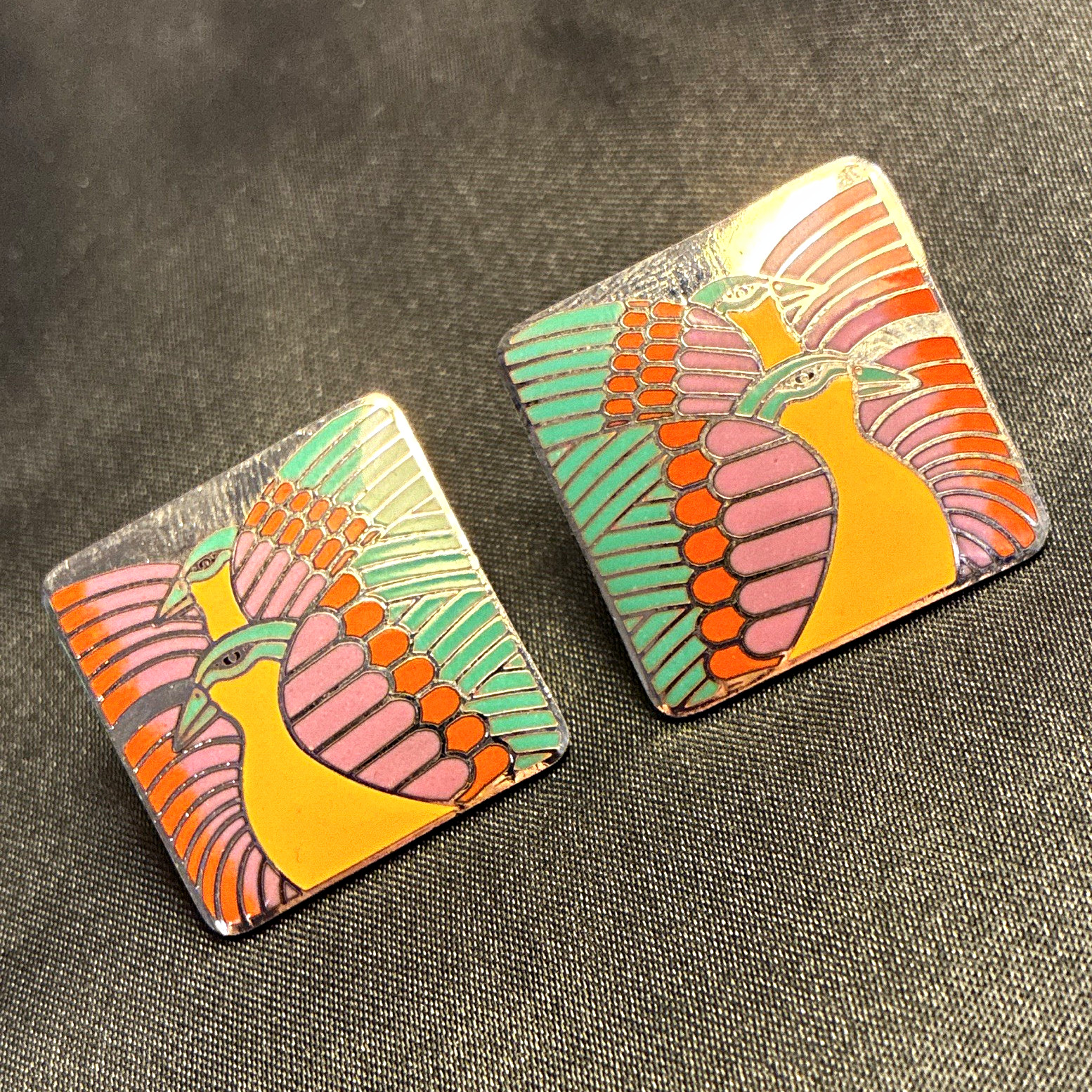 Laurel Burch MoondovesMulticolor Enamel Bird Square Earrings