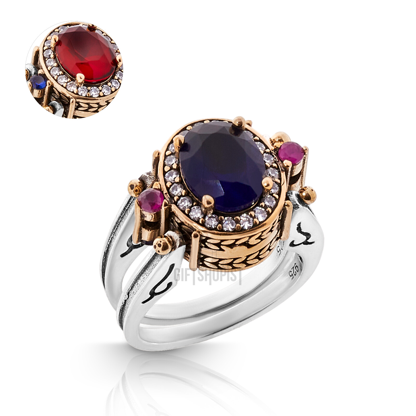 Turkish Reversible Oval Sapphire and Ruby Topaz 925 Sterling Silver Ring