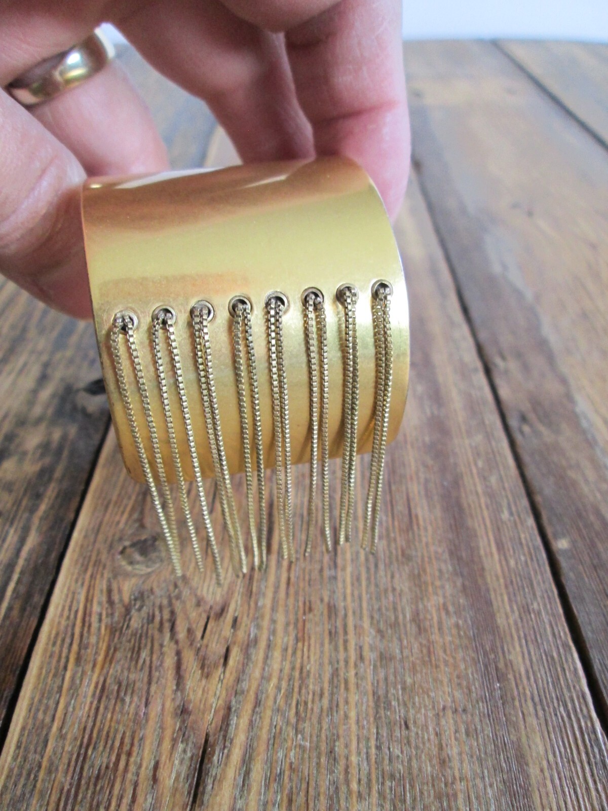Gold Cuff Bracelet 1 1/2″ Wide Open Bangle Tassel Chain Classy Simple Statement