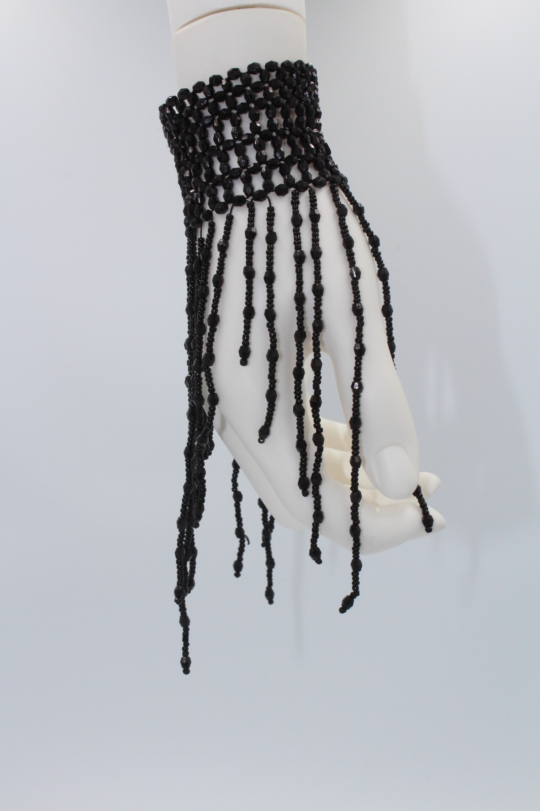 Black Crystal Beaded Tassel Elastic Cuff Bracelet Gothic Statement Jewelry