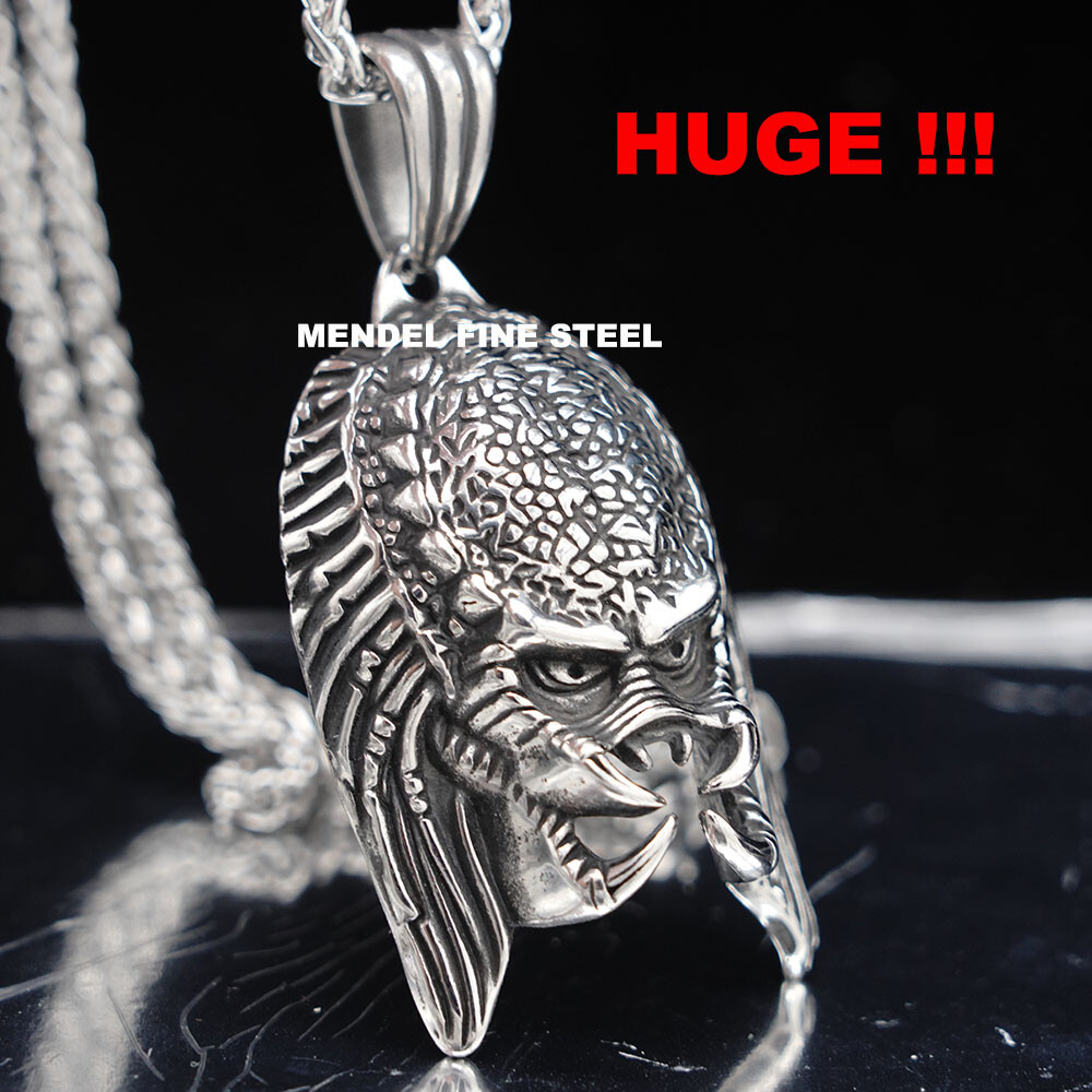 MENDEL Mens Large Big Horror Alien Predator Skull Necklace Chain Stainless Steel